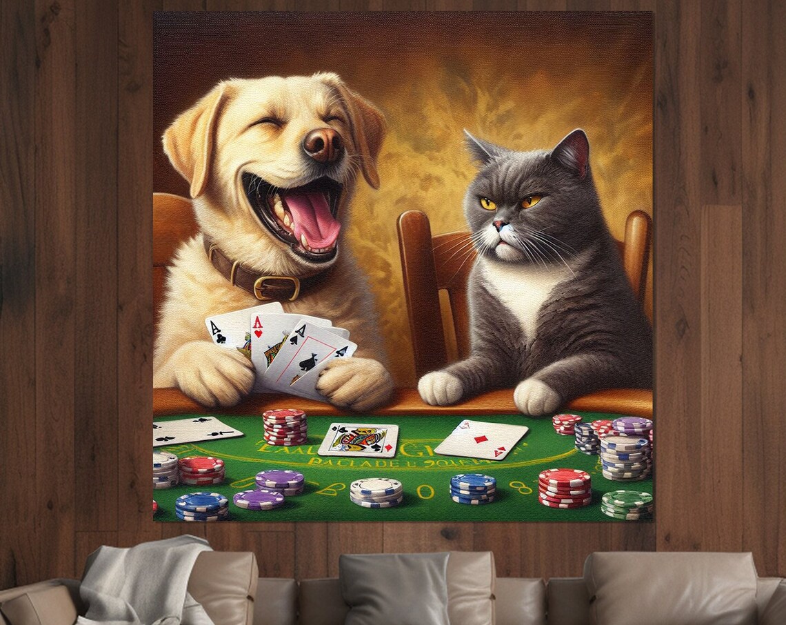 Dog And Cat Playing Poker Cards Chips Funny Poker Room Wall Art Poster