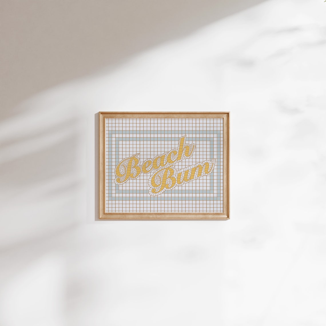 Beach Bum Script Mosaic Tile Typography Yellow Retro Beach Art Poster - Image 2