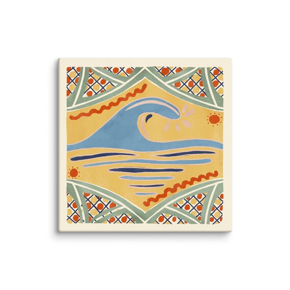 Blue Curling Wave Talavera Tile Sun Motif Coastal Surf Poster Art