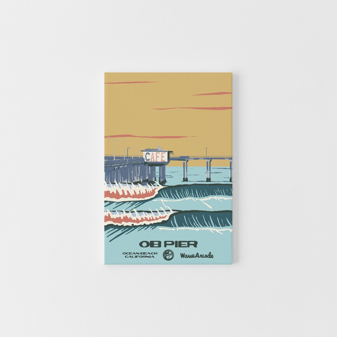 OB Pier Ocean Beach California Cafe Sunset Surf Travel Art Poster