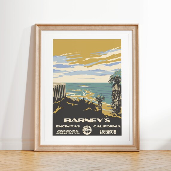 Barneys Art Print Vintage National Parks Style Surf Poster Encinitas Ca Coastal Surf Decor