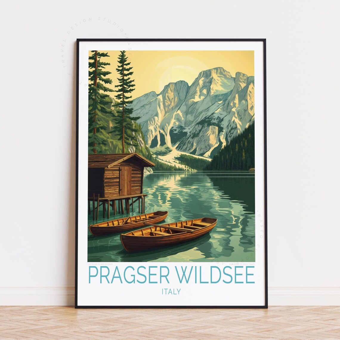 Pragser Wildsee Italy Rowboats Sunset Lake Vintage Travel Poster