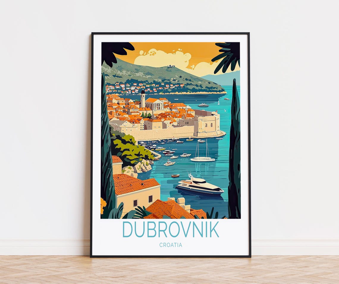 Dubrovnik Croatia Old Town Walls and Harbor with Yachts at Dusk Poster