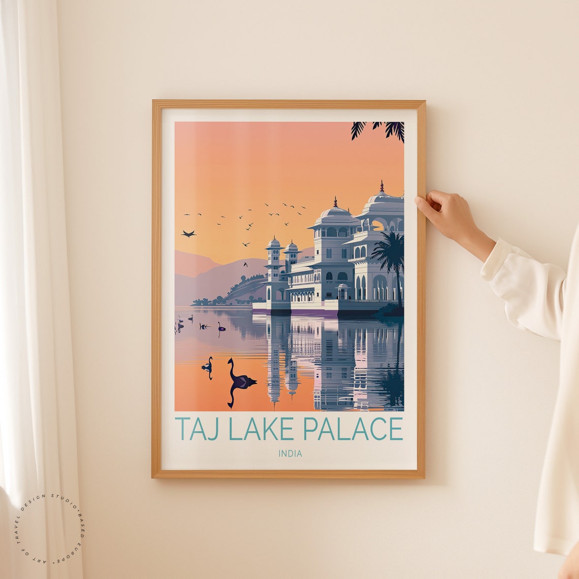 Taj Lake Palace Udaipur Sunset Reflection Flamingos India Poster - Image 2