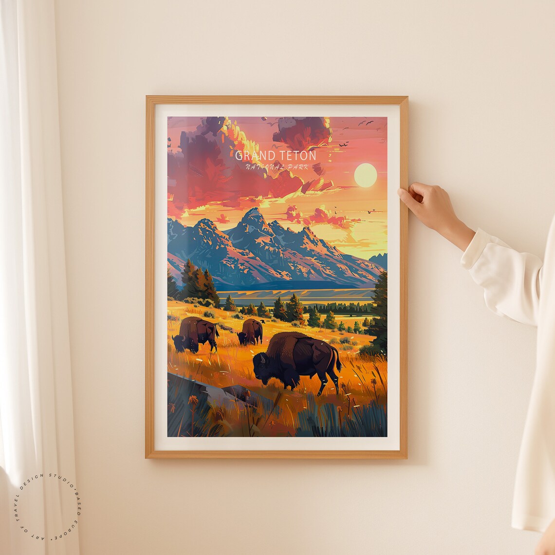 Grand Teton National Park Sunset Bison Meadow Wyoming Peaks Poster - Image 2