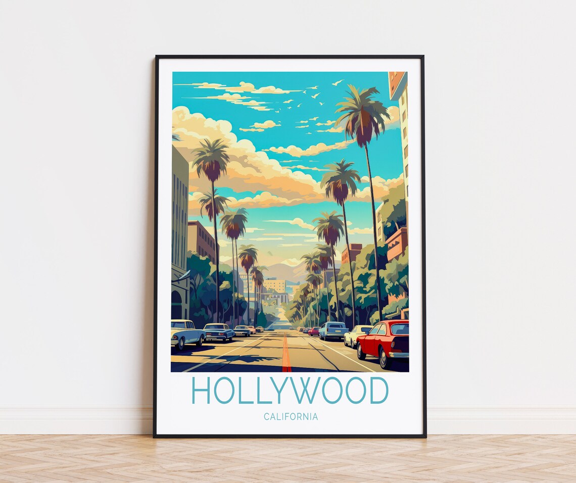 Hollywood California Palm Boulevard Classic Cars Travel Poster