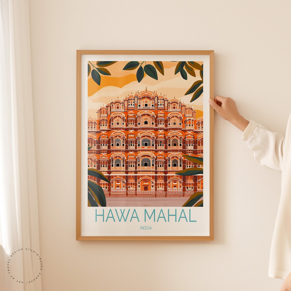 Hawa Mahal Jaipur Palace of Winds Facade Tropical Leaves Poster - Image 2