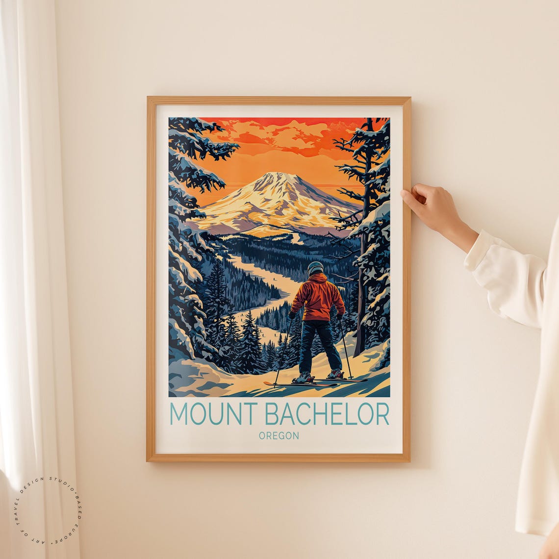 Mount Bachelor Oregon Skier Sunset Descent Ski Slopes Winter Poster - Image 2