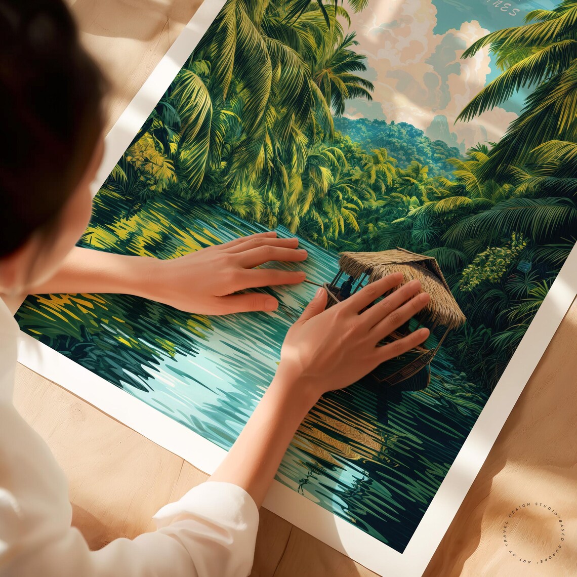 Bohol Philippines Tropical River Boat Palms Vintage Travel Art Poster - Image 3