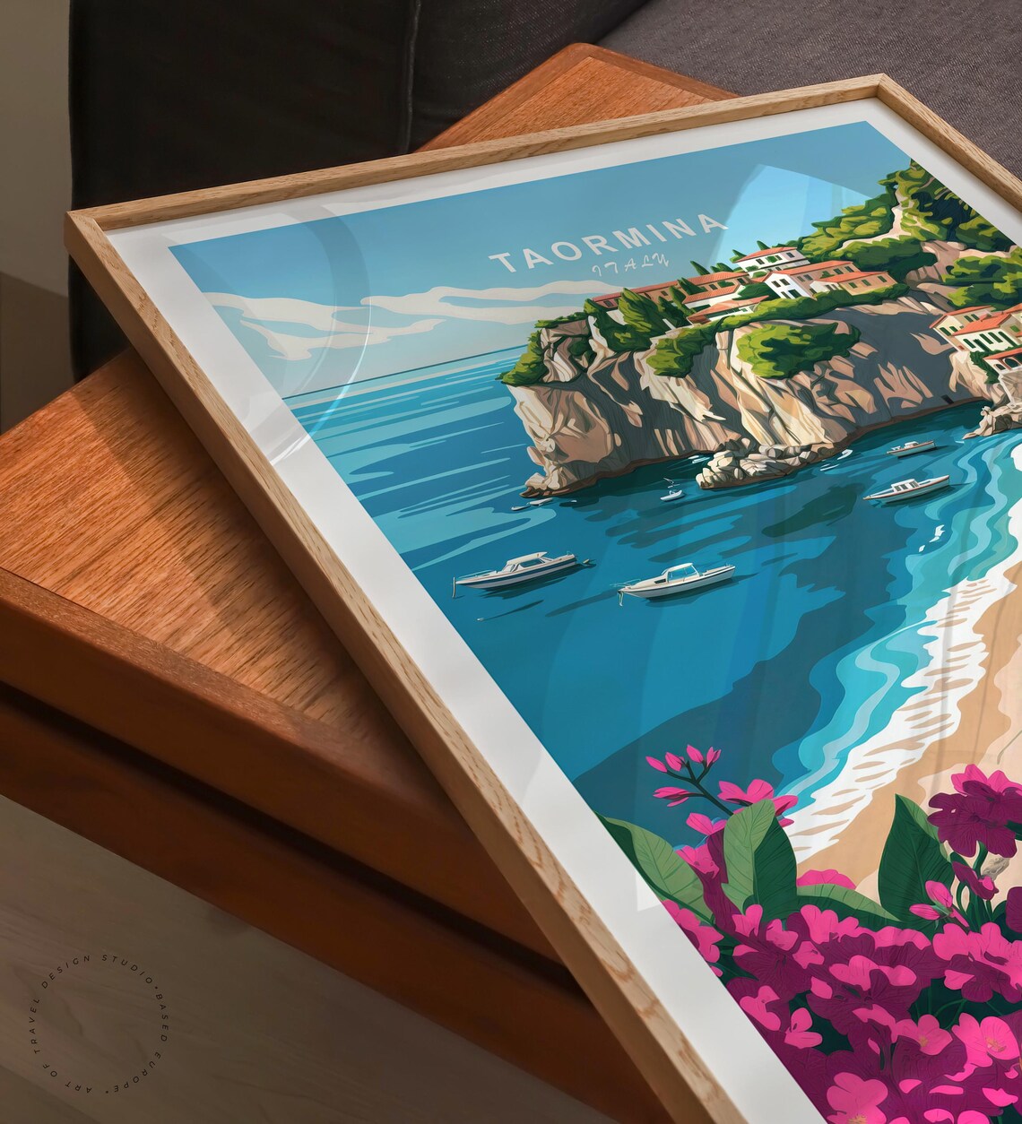 Taormina Italy Cliffside Town Beach Blue Umbrellas Vintage Poster - Image 6