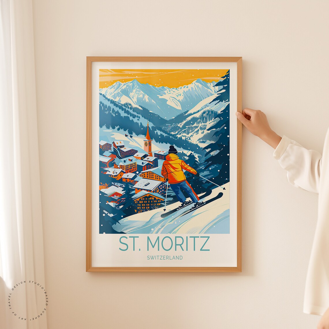 St Moritz Switzerland Skier Descending Toward Alpine Village Poster - Image 2