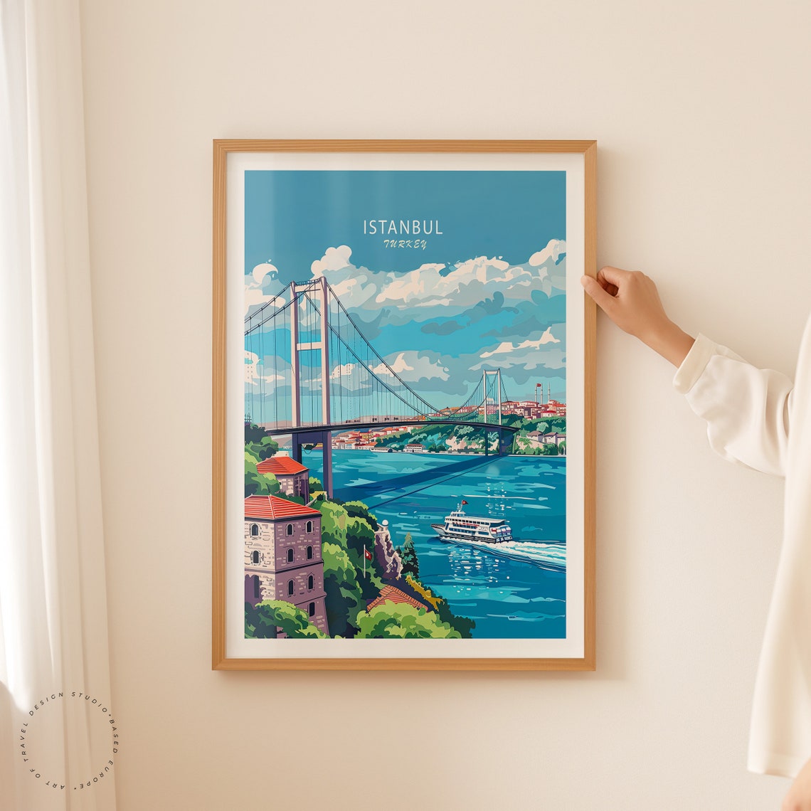 Istanbul Turkey Bosphorus Bridge With Ferry On Blue Water Poster - Image 2