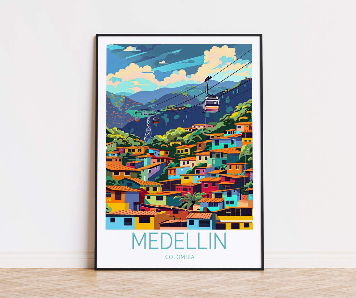 Medellin Colombia Colorful Hillside Metrocable Gondolas Travel Poster