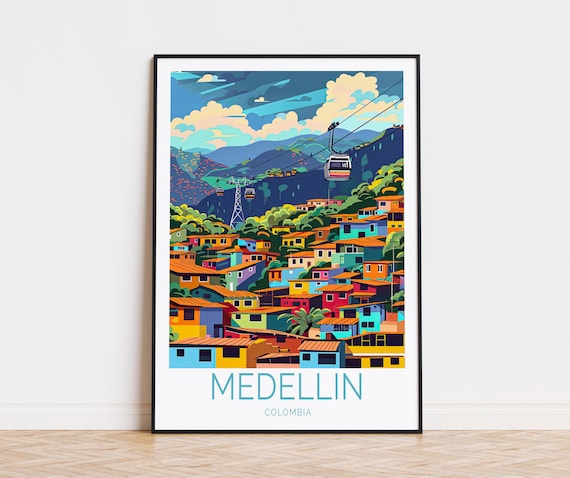 Medellin Colombia Colorful Hillside Metrocable Gondolas Travel Poster