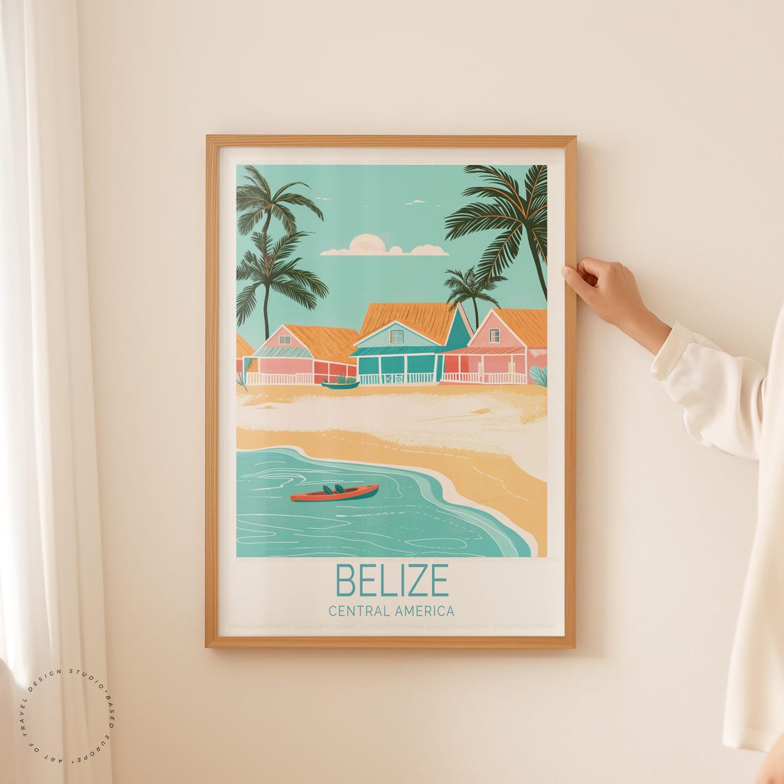 Belize Central America Pastel Beach Cottages Palms Kayak Scene Poster - Image 5