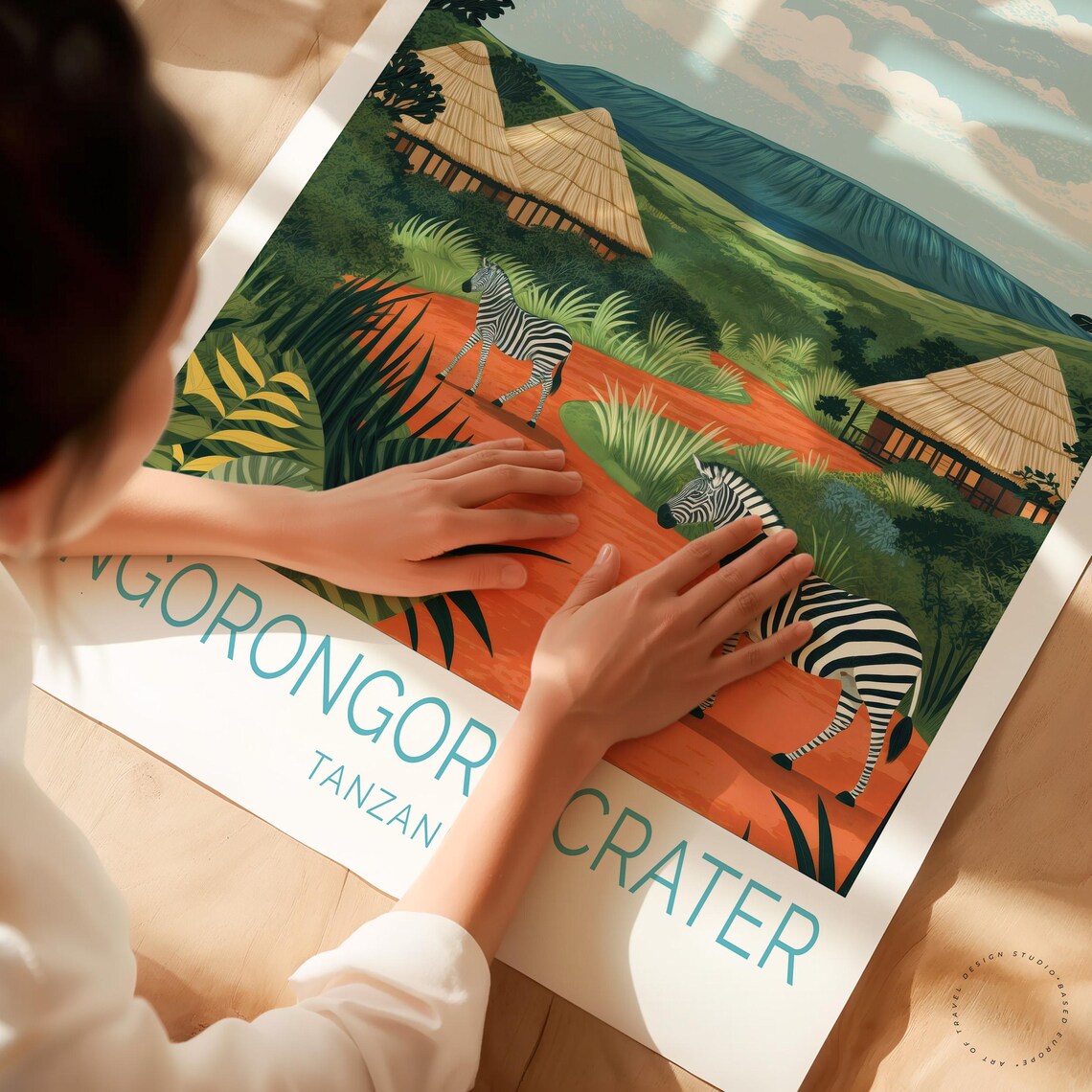 Ngorongoro Crater Tanzania Zebras Savannah Huts Vintage Travel Poster - Image 3