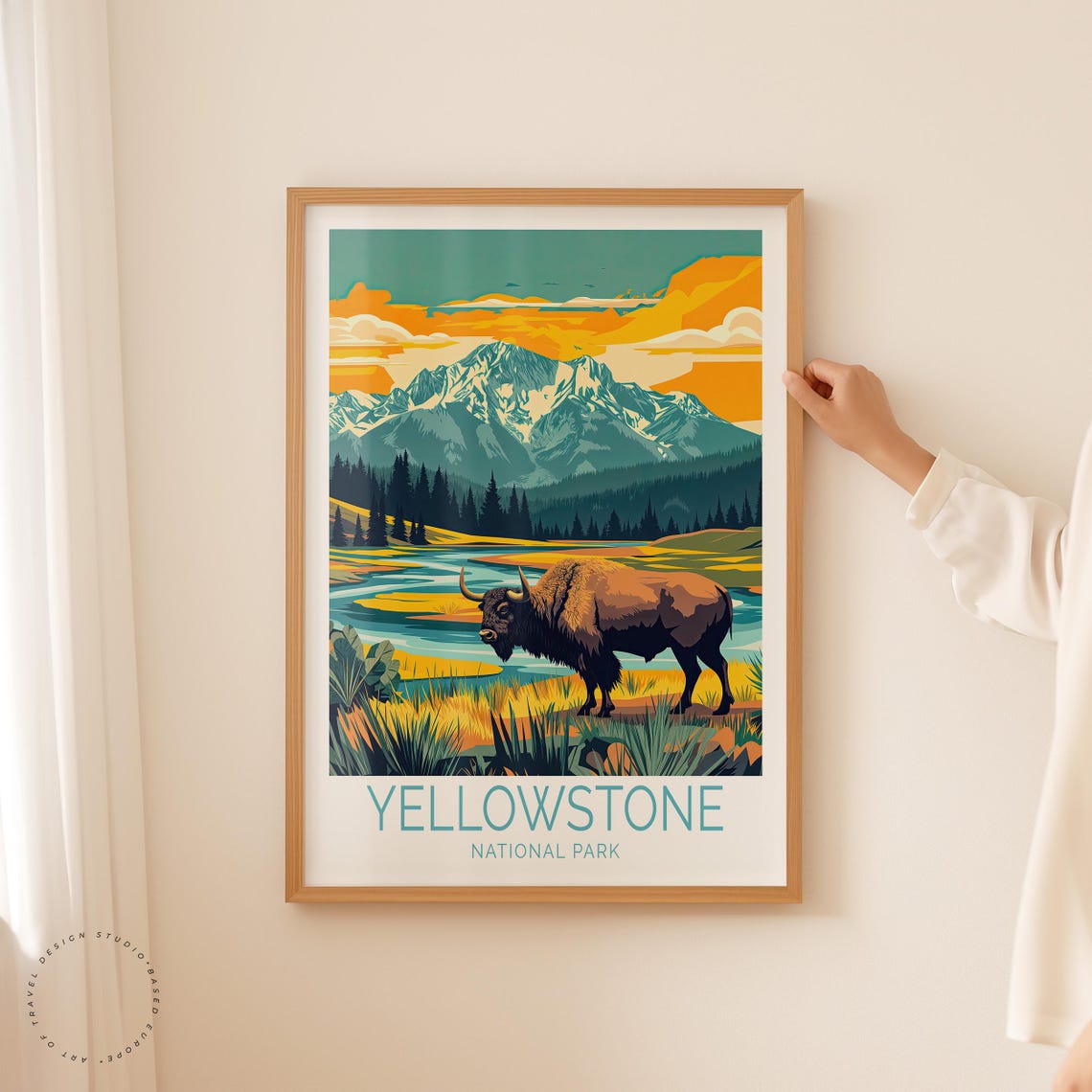Yellowstone Bison Sunset River Caption Below Wildlife Poster - Image 2