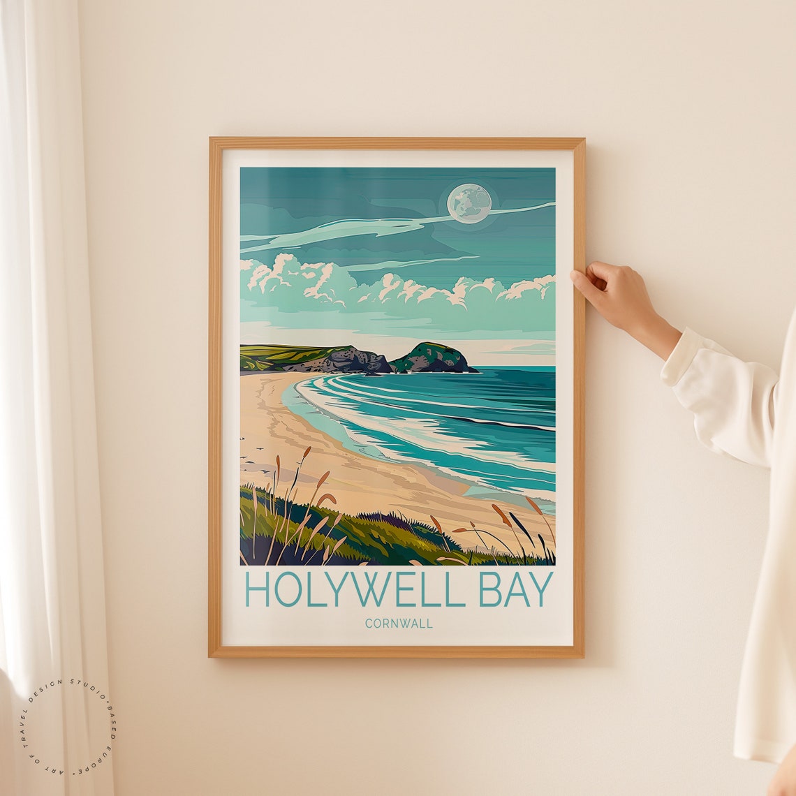 Holywell Bay Cornwall Moonlit Beach Rolling Ocean Waves Poster - Image 2