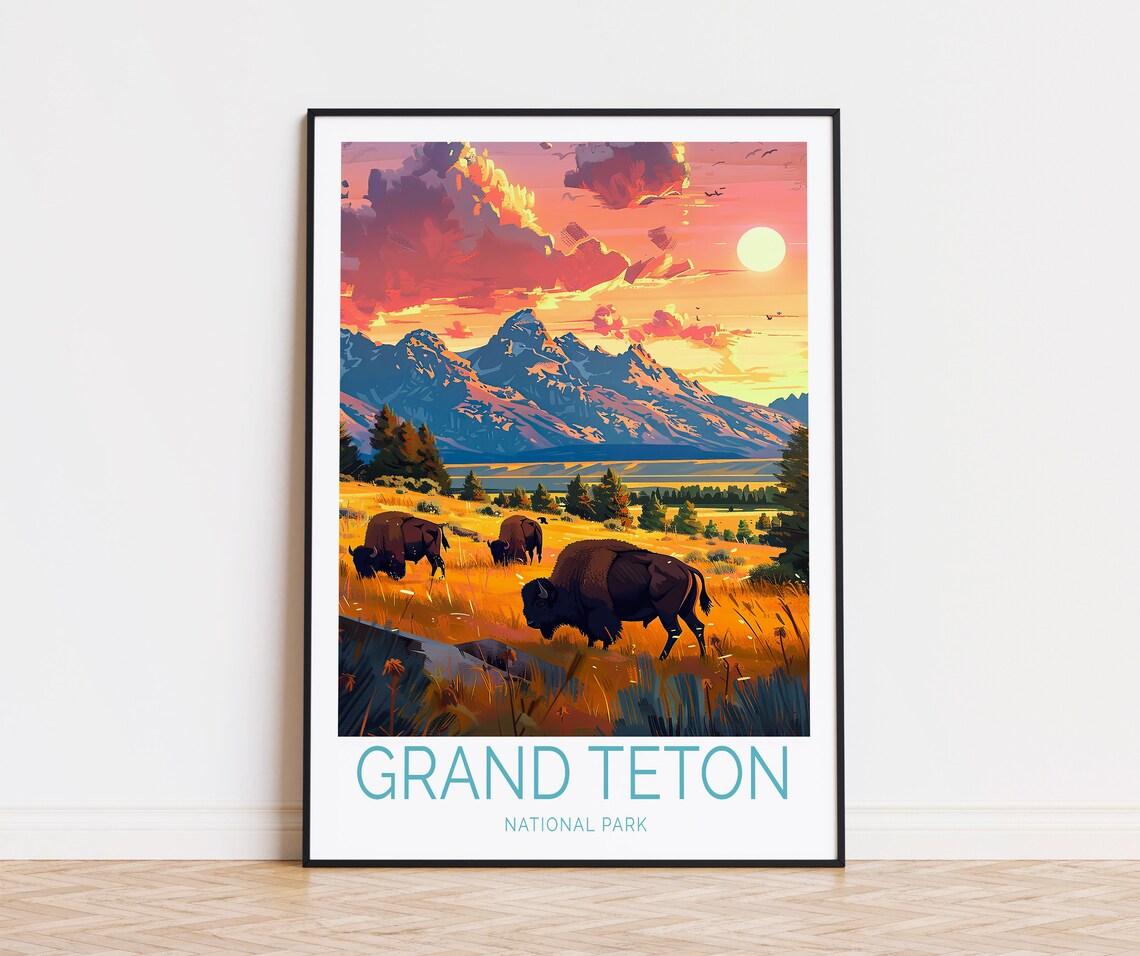 Grand Teton National Park Bison Grazing Beneath Sunset Peaks Poster