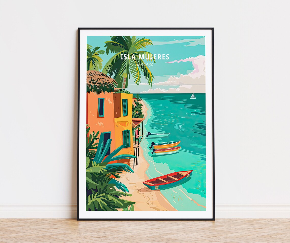 Isla Mujeres Mexico Colorful Shore with Boats and Palm Trees Poster