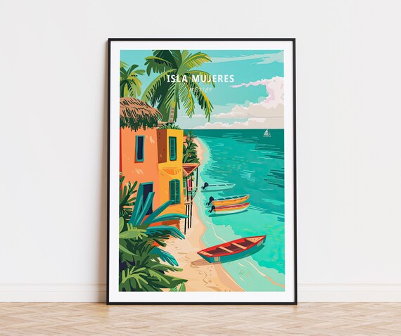 Isla Mujeres Mexico Colorful Shore with Boats and Palm Trees Poster