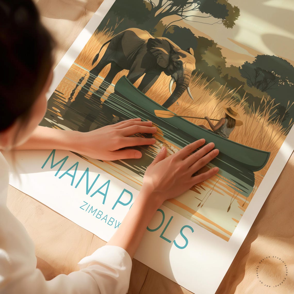 Mana Pools Zimbabwe Elephant Canoe Safari River Golden Sunset Poster - Image 3