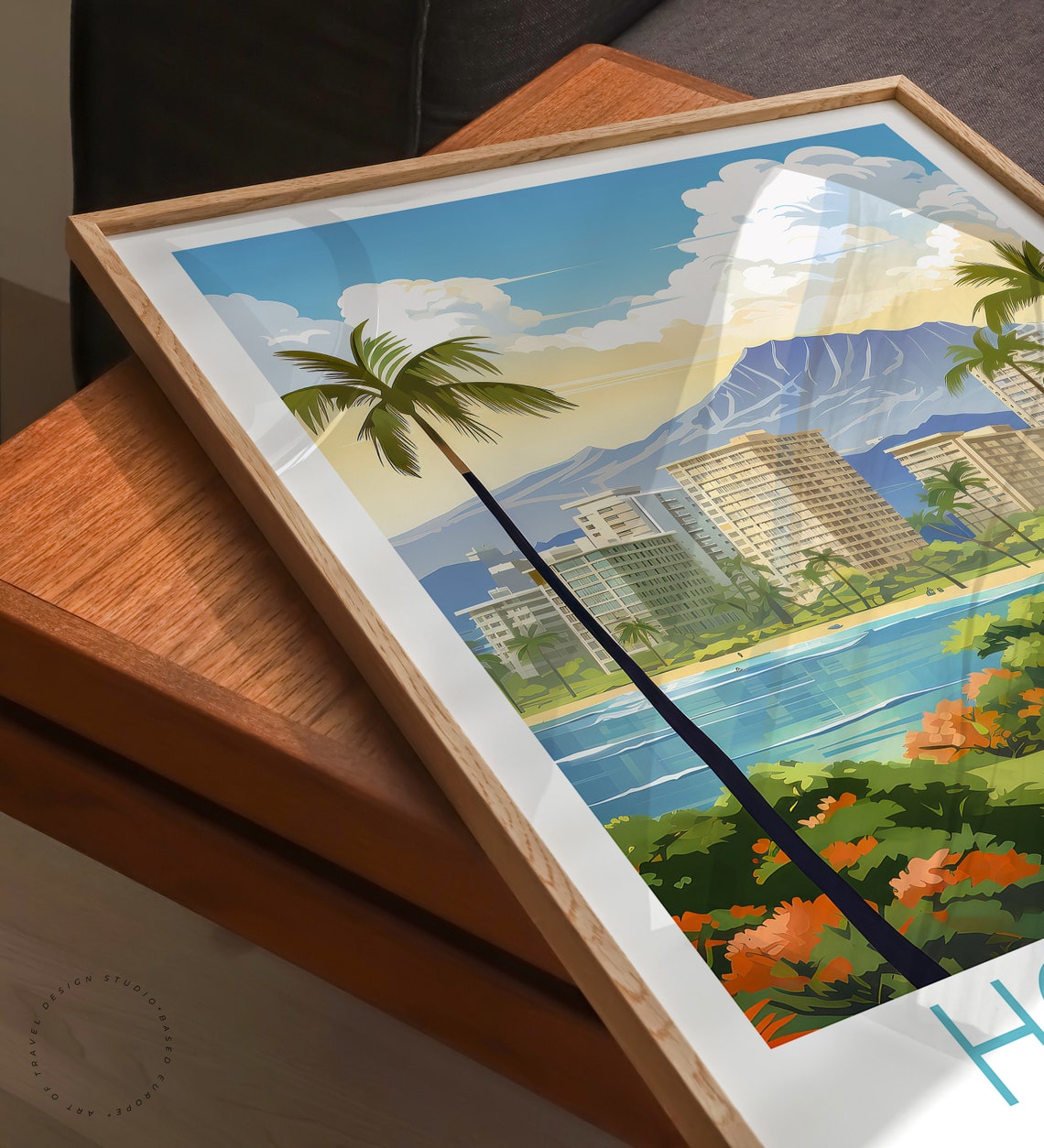 Honolulu Hawaii Tropical Skyline Palms Ocean View Travel Poster - Image 3