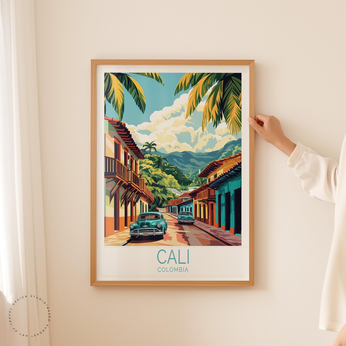Cali Colombia Vintage Car on Narrow Cobblestone Old Town Street Poster - Image 2