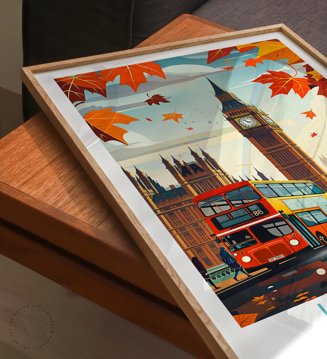 London England Big Ben Red Bus Autumn Fall Vintage Travel Poster - Image 3