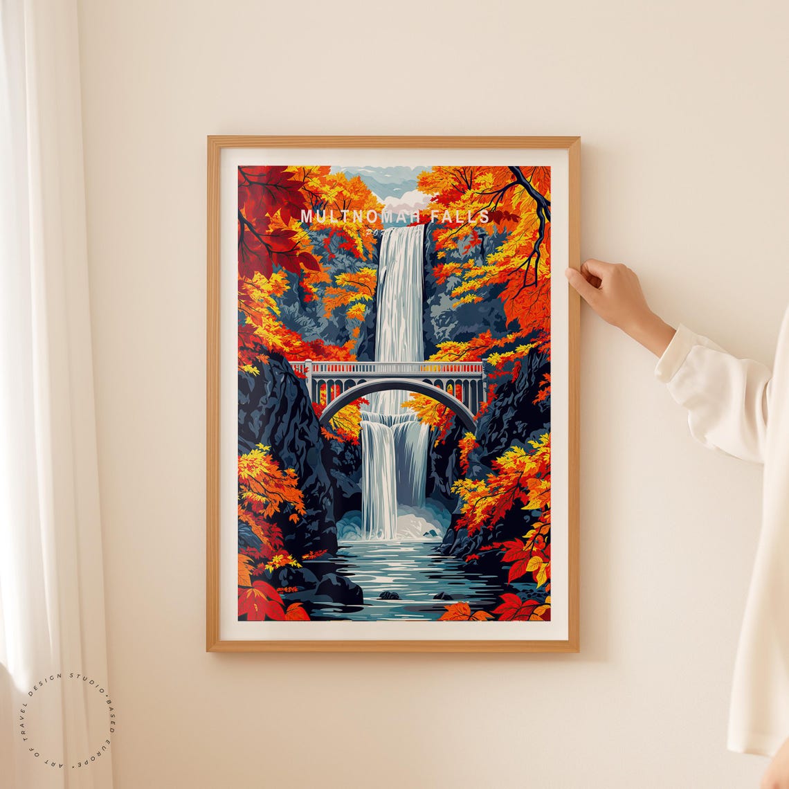 Multnomah Falls Portland Fall Colors Waterfall Overlook Scene Poster - Image 2