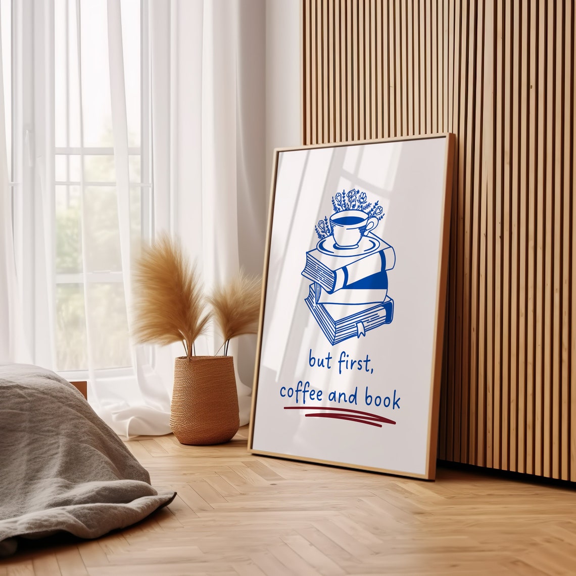 But First Coffee and Book Blue Line Art Cozy Reader Quote Wall Art - Image 3