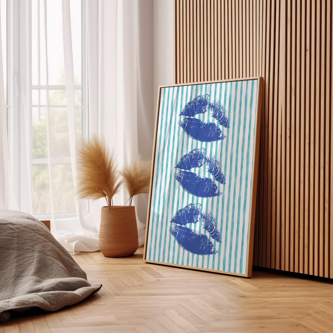 Blue Lipstick Kiss Prints On Striped Background Retro Wall Art - Image 2