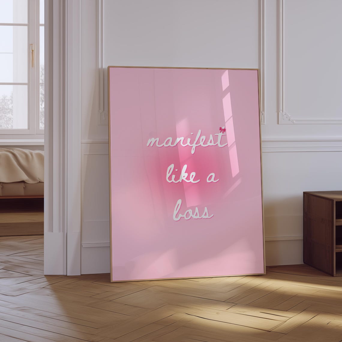 Manifest Like A Boss White Script Soft Pink Manifestation Quote Poster