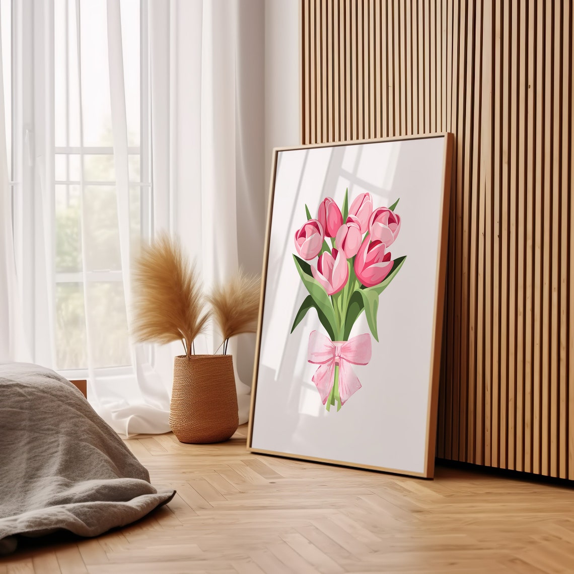 Pink Tulip Bouquet Tied With Bow Coquette Floral Bedroom Wall Art - Image 3