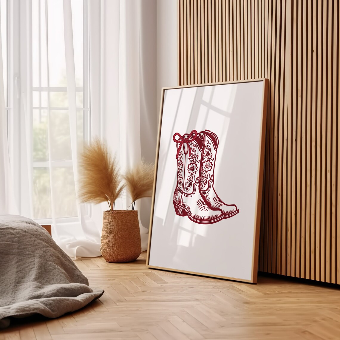 Red Cowboy Boots Floral Stitching Bow Western Line Art Poster - Image 3