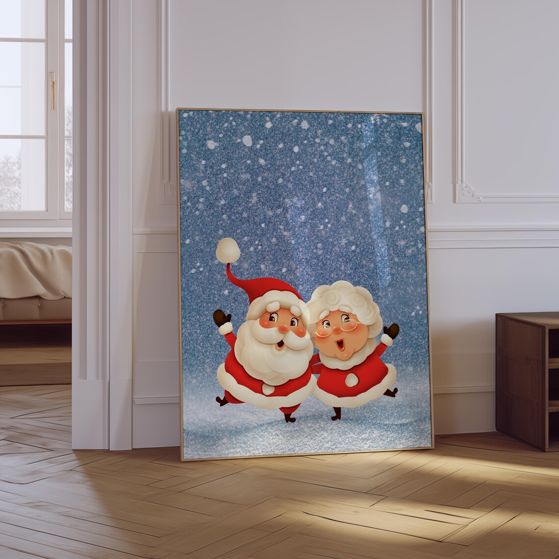 Santa and Mrs Claus Dancing in the Snow Cute Christmas Poster Art - Image 2