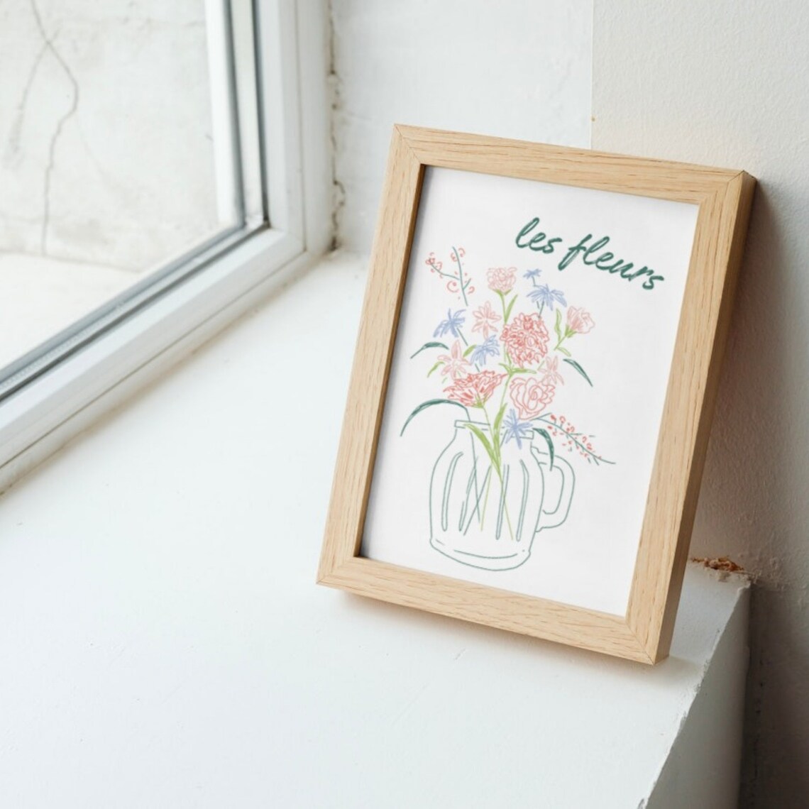 Les Fleurs French Floral Line Art Bouquet In Jar Neutral Kitchen Print - Image 2