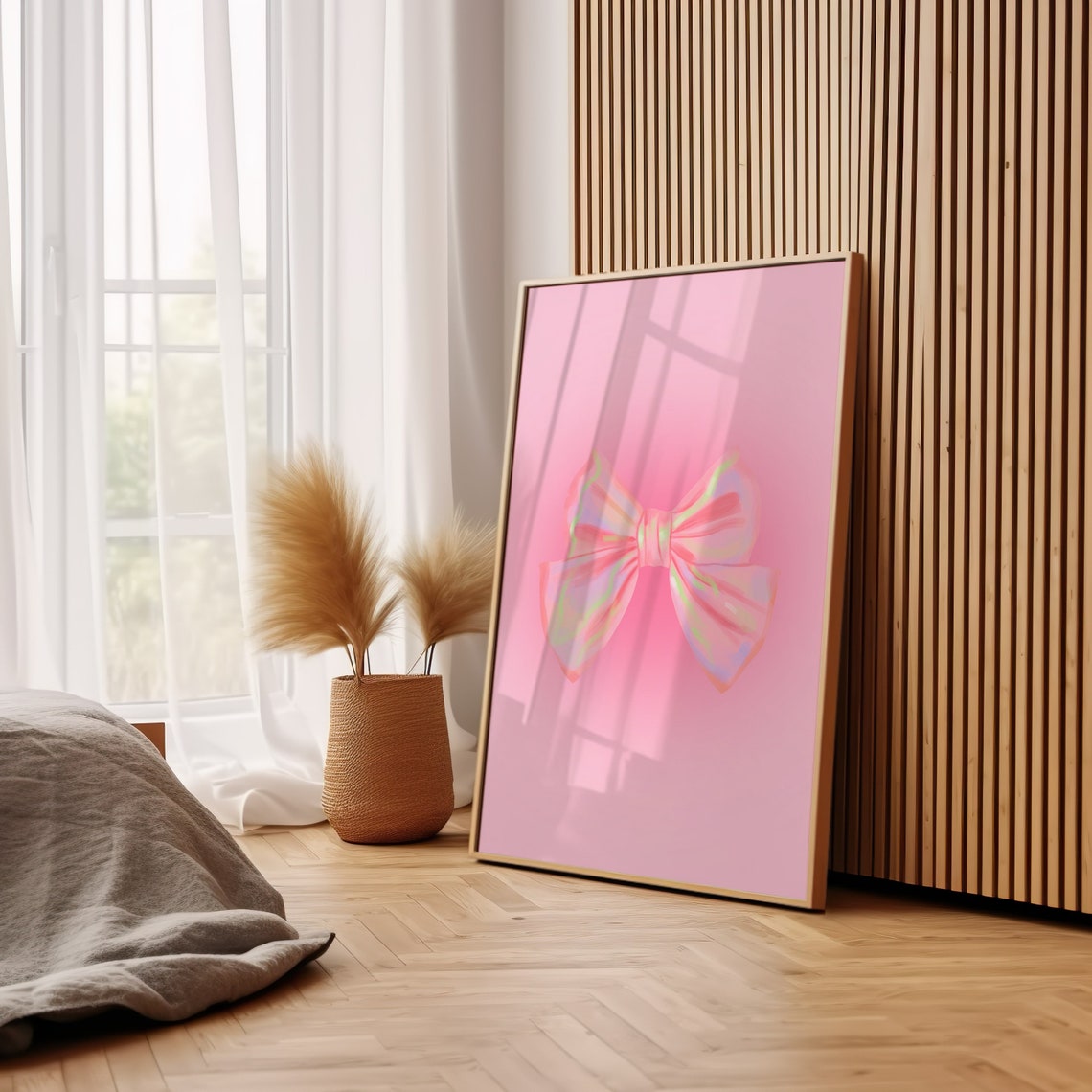 Iridescent Pink Bow Minimalist Watercolor Trendy Coquette Art Poster - Image 3