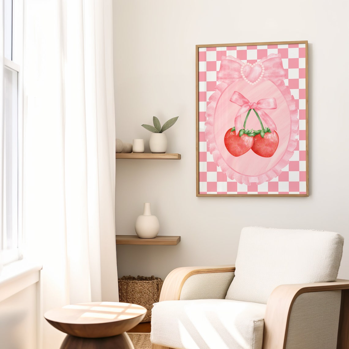 Strawberry Bow Pink Checkered Kitchen Coquette Fruit Watercolor Poster - Image 2