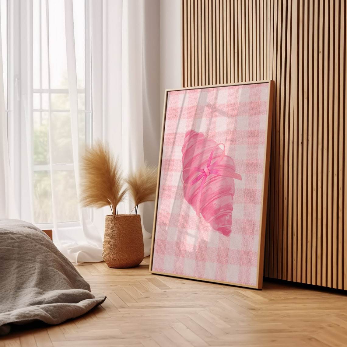 Pink Croissant With Bow Coquette Gingham Breakfast Art Print - Image 3