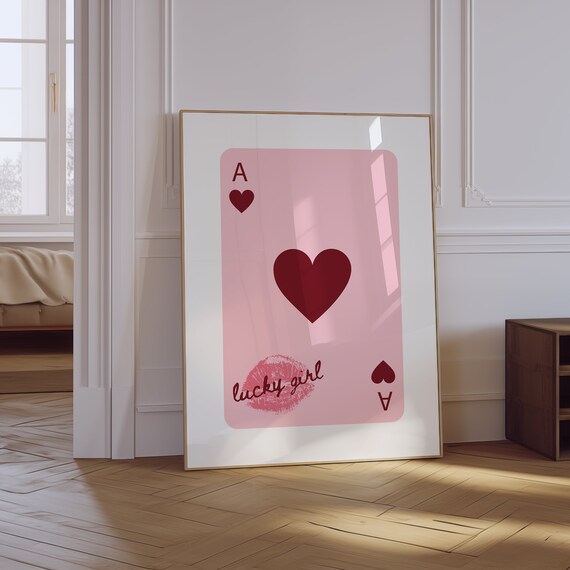 Lucky Girl Ace Of Hearts Pink Playing Card Kiss Mark Trendy Poster
