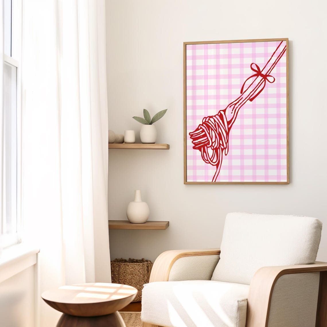 Red Spaghetti Twirl Fork Bow Pink Gingham Trendy Kitchen Food Poster - Image 3