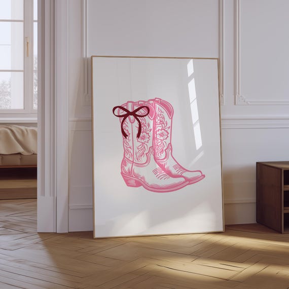 Pink Cowboy Boots Print Minimalist Southern Wall Art Vintage Western Cowgirl Art Cute Apartment Wall Decor Coastal Cowgirl Print