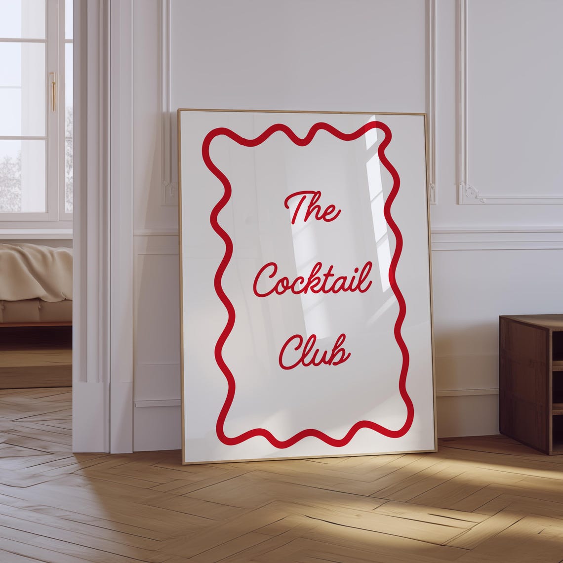 The Cocktail Club Red Script Wavy Border Retro Bar Cart Kitchen Poster