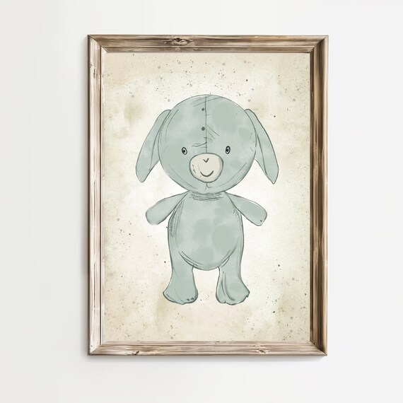 Grey Stuffed Bunny Rabbit Sketch Cuddly Nursery Room Art Poster