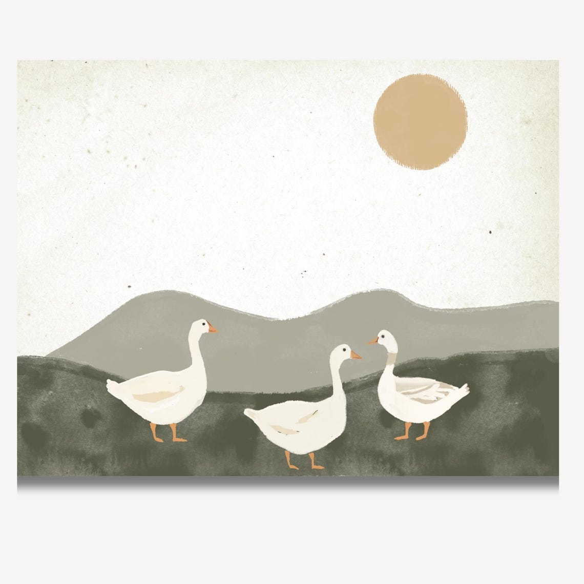 Three White Geese Walking Under Warm Sun Minimalist Wall Art - Image 3