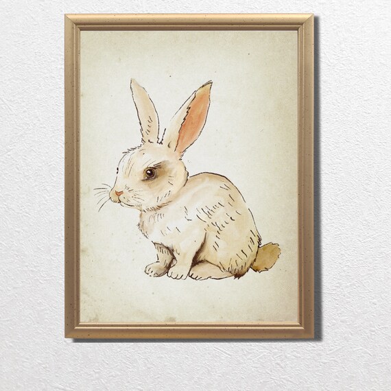 Sweet Baby Bunny Rabbit Watercolor Antique Nursery Animal Print