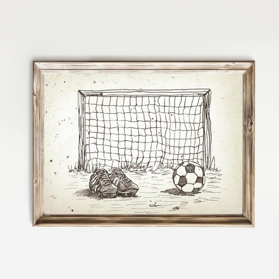 Vintage Nursery Print Soccer Goalposts Sketch Kids Sports Gallery Wall Gender Neutral Art Football Printfootball Boots Print