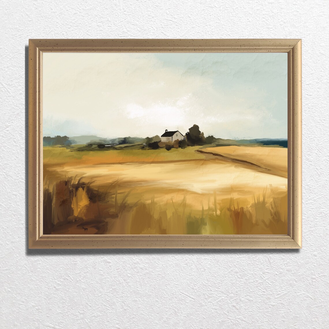 Sunlit Wheat Field Farmhouse Peaceful Country Landscape Art Poster