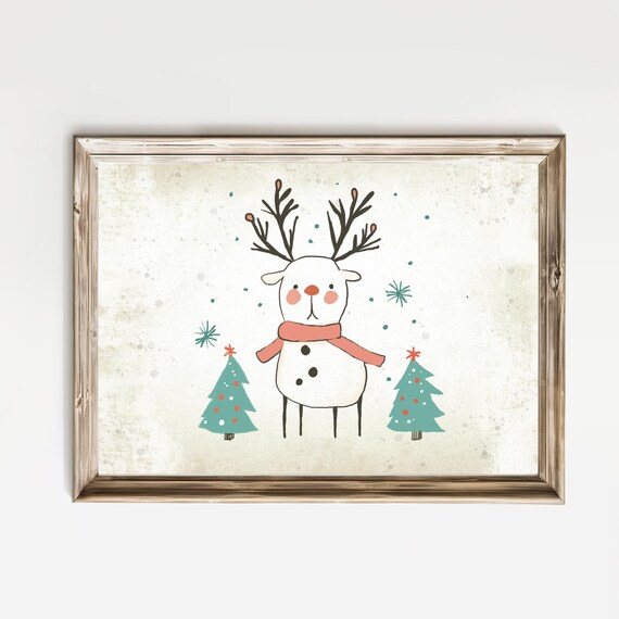 Cheerful Reindeer with Red Scarf and Twin Christmas Trees Poster